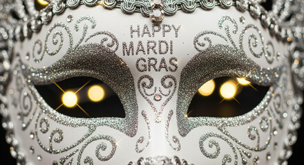 Elegant white masquerade mask subtle animated image motion background seamless looping for party video background, event costume ball dance holiday New Years Mardi Gras Carnival sparkling lights See L