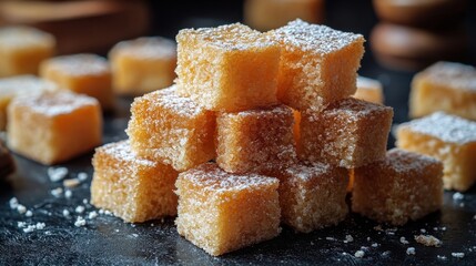Stack of Golden Brown Sugar Cubes Dusted With Powdered Sugar on Dark Surface