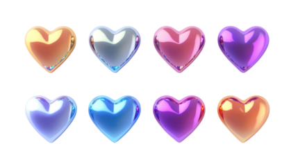Colorful 3d valentine hearts, love symbols on transparent background
