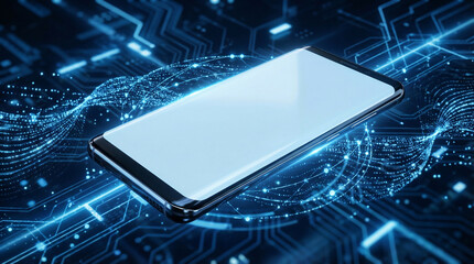 Smartphone Displaying Digital Data, a Futuristic Technology Concept with Glowing Blue Circuits and Connected Networks