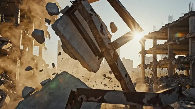 Dramatic slow-motion view of building implosion with fragments and debris against a sunlit background