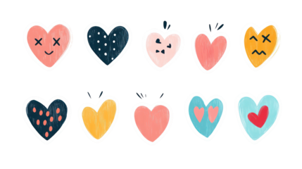 Colorful valentine hearts illustration set on transparent background