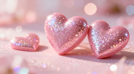 Fototapeta premium Sparkling pink hearts shimmering on a soft pastel background with dreamy bokeh lights