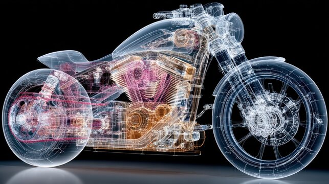 Transparent 3d wireframe rendering of a custom motorcycle engine and chassis on a black background