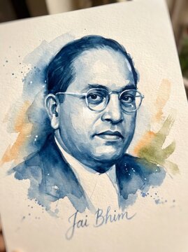 Artistic watercolor portrait of Dr B R Ambedkar with Jai Bhim slogan.