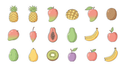 Colorful assortment of fresh tropical fruits in a vibrant flat design style