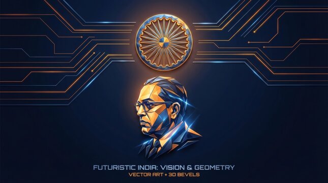 Futuristic Digital Art Portrait of Dr B R Ambedkar with Ashoka Chakra.