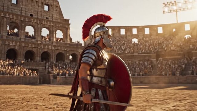 Roman Gladiator in the Colosseum Arena with Armor and Shield.