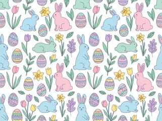 Seamless Easter Background with Cute Rabbits Eggs and Flowers.