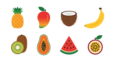 Colorful assortment of fresh tropical fruits isolated on a white background © shuma