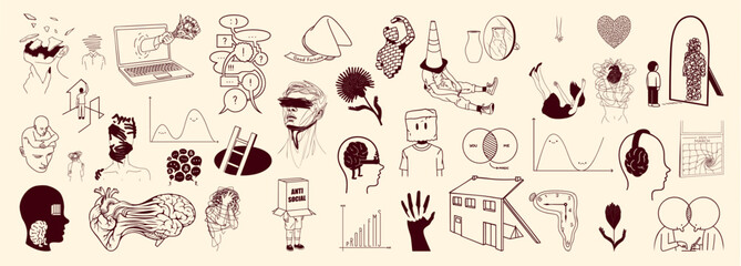 Mental health set with psychological disorder, depression, anxiety, ADHD, burnout, stress, overthinking, emotional exhaustion and inner conflict, hand drawn mind and brain