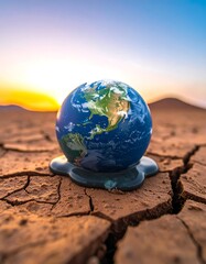 Miniature Earth globe melts on cracked, dry land under a colorful sunset sky