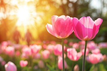 Obraz premium Beautiful pink tulips in a sunny spring garden with warm glow and bokeh background