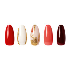 Five oval nails with red, gold, and glitter designs.