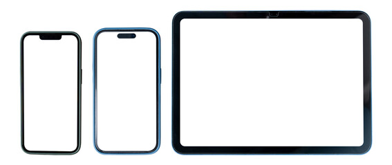 Set of modern smartphone and tablet mockup frames with blank screens isolated on transparent background.