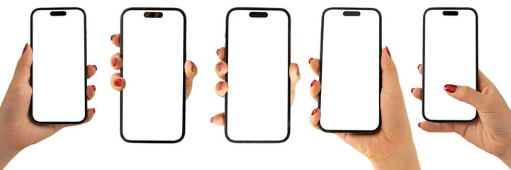 Set of female hands holding smartphone mockups with blank screens isolated on transparent...