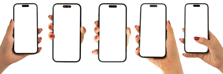 Set of female hands holding smartphone mockups with blank screens isolated on transparent background.