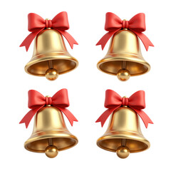 Four golden bells with red ribbons
