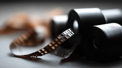 Close-up of a vintage film strip unfurling from dark movie reels, creating a cinematic mood.