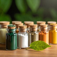 Miniature glass jars with cork stoppers filled with colorful powders and a leaf, placed atop a wooden surface