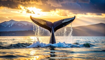 Humpback whale tail emerging from ocean surface at sunset