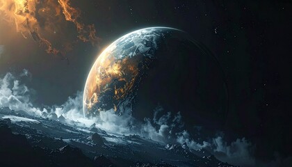 Dramatic planet emerging from video game character, half-lit sphere in deep space