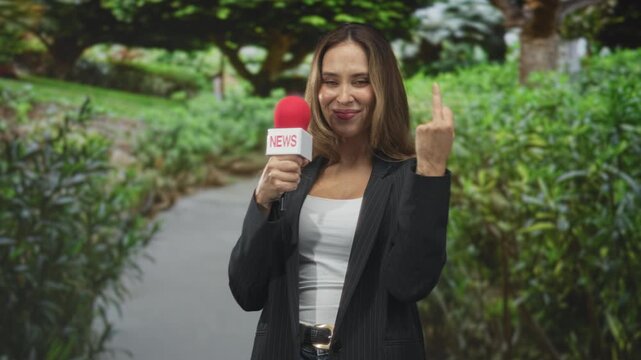 Hispanic woman reporter in blazer holding red news microphone makes explicit middle finger gesture while smiling on a leafy street path; defiance.