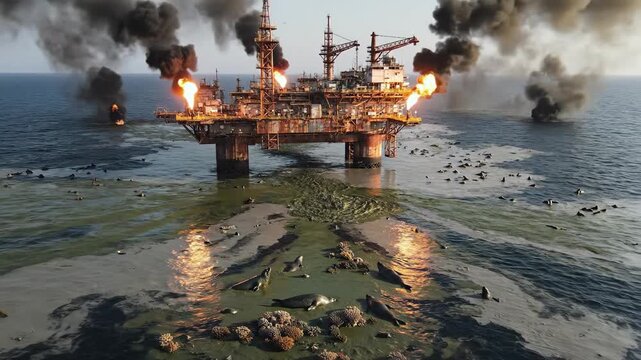Massive oil rig platform erupts in flames and smoke over a heavily polluted ocean with trapped marine life struggling to survive the environmental disaster.