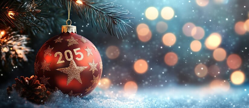 Christmas ornament with number 205 illuminated by festive bokeh lights and a snow-covered pine branch