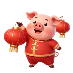 Happy cartoon pig holding red lanterns.