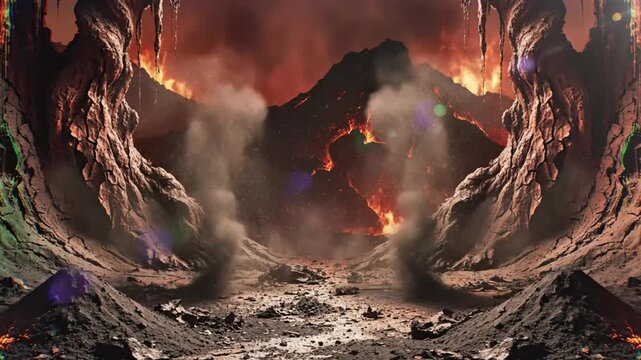 Epic hellscape scene with volcano, lava, and fire, a visual of the apocalypse concept