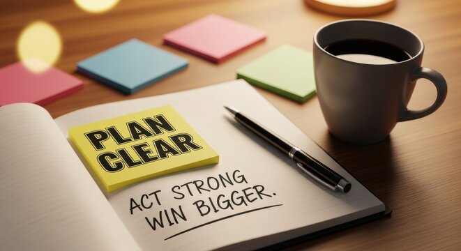 Motivational notepad with plan and action messages, coffee cup, and pen on a wooden desk surface