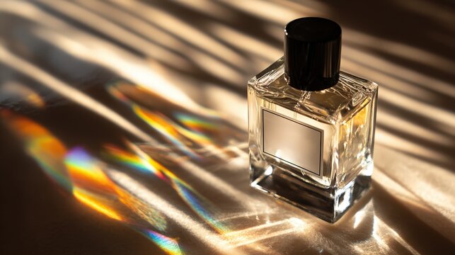 Elegant Fragrance: A close-up showcases a luxurious perfume bottle, its clear glass catching the light and casting beautiful patterns. The essence of luxury.