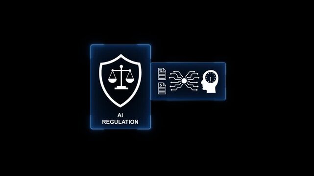 A I regulation concept with scales of justice shield and human brain clock on circuit background AI regulation