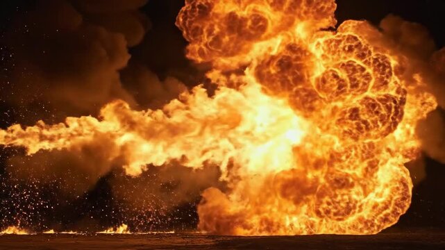 Dramatic fire explosion with intense heat and smoke against a dark background.