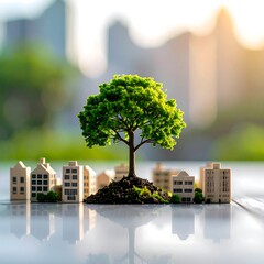 Miniature tree in earth surrounded by toy houses against blurred city backdrop, reflecting on a shiny surface