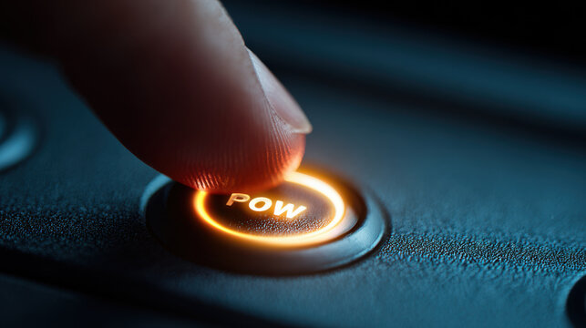 Finger pressing illuminated power button turning on computer - Powered by Adobe