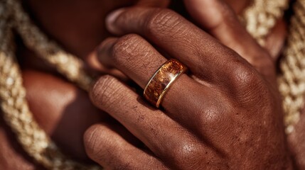 Elegant Gold Ring with Intricate Designs on a Beautiful Hand Close-Up