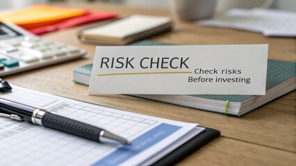 Office workspace with risk check card, calculator, and notepad for investment planning and financial decision-making processes