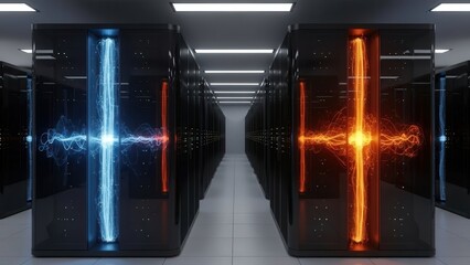 Modern Data Racks Brightened by Electric Waves and LED Highlights