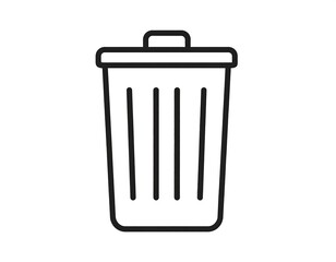 Minimalist black outline trash can with lid, vertical lines on the sides, isolated on white background