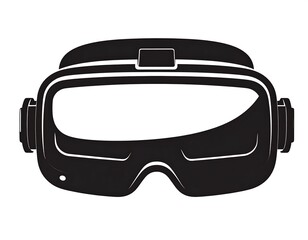 Minimalist black vector illustration of VR headset with rectangular display and thick strap, against a white background