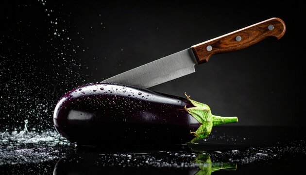A Glossy Purple Eggplant With Water Droplets Being Sliced By A Serrated Knife With A Wooden Handle Against A Dark Studio Background With Splashing Water