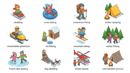 Fototapeta premium Isometric Winter Adventure Icon Set Recreation Vector