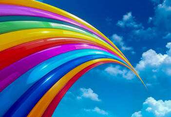 Fototapeta premium Curved bands of rainbow colors stretch across a bright blue sky with fluffy white clouds creating a vibrant energetic and uplifting scene full of light and joy