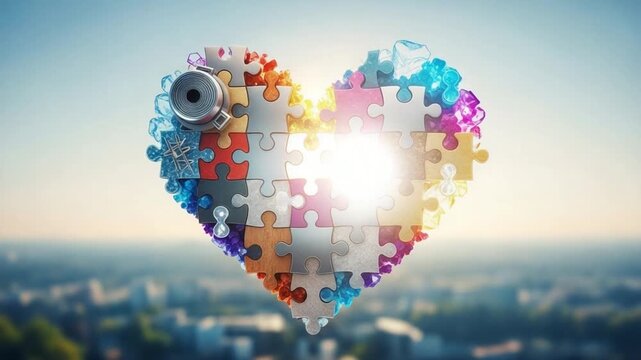 Colorful heart shaped puzzle pieces together.