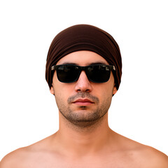 Young man wearing brown headscarf and sunglasses