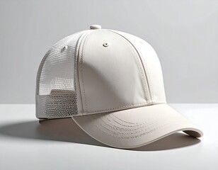 Minimalist cream baseball cap with white mesh back, resting on a white surface with soft, diffused lighting