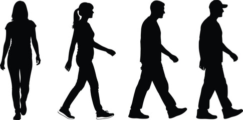 Set of black silhouettes featuring men and women walking in casual clothing isolated on white background for urban lifestyle fitness and community design projects