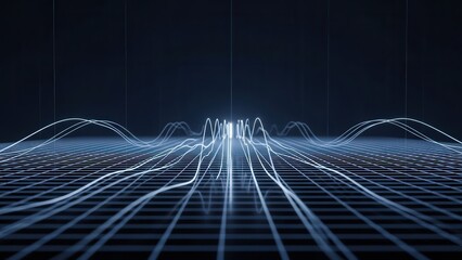 Deep perspective of glowing data streams on dark horizon